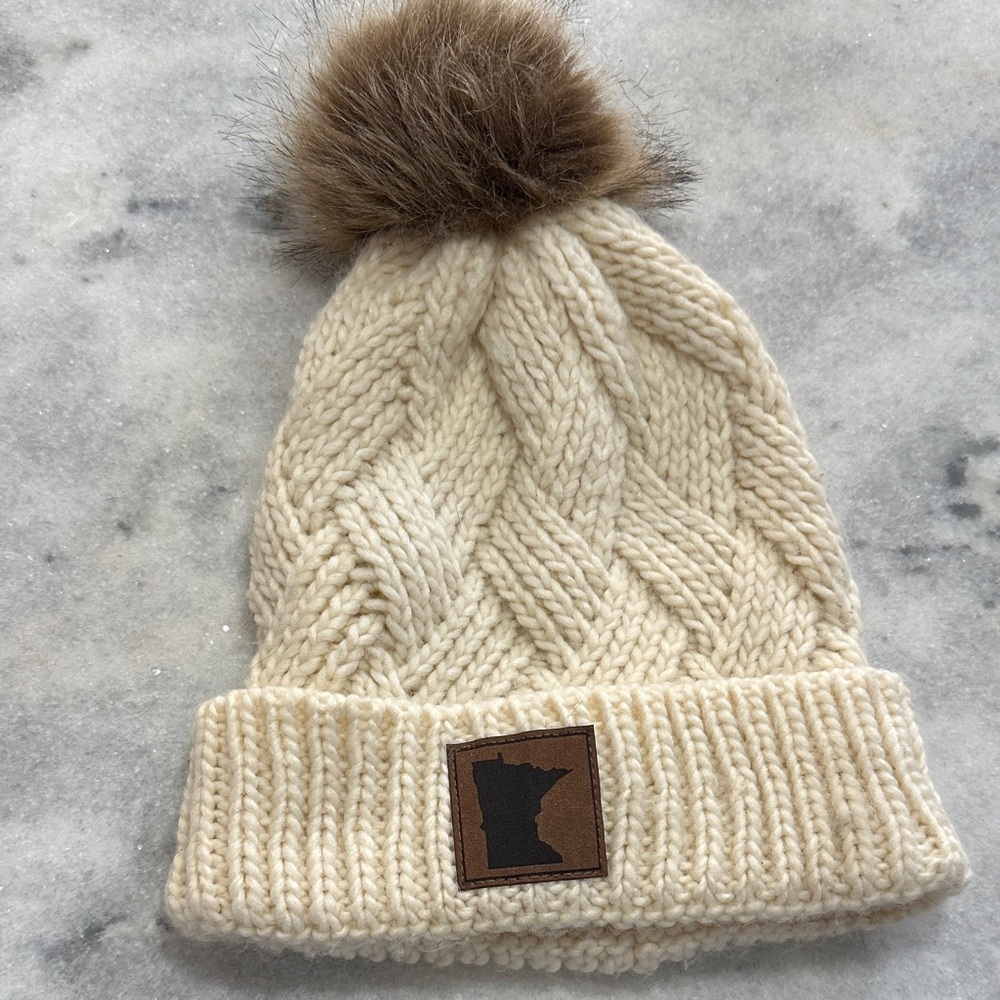 Cream Knit Beanie with Brown Pom